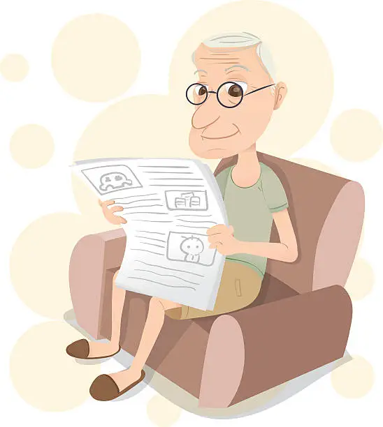 Vector illustration of old man sitting on sofa and reading a newspaper