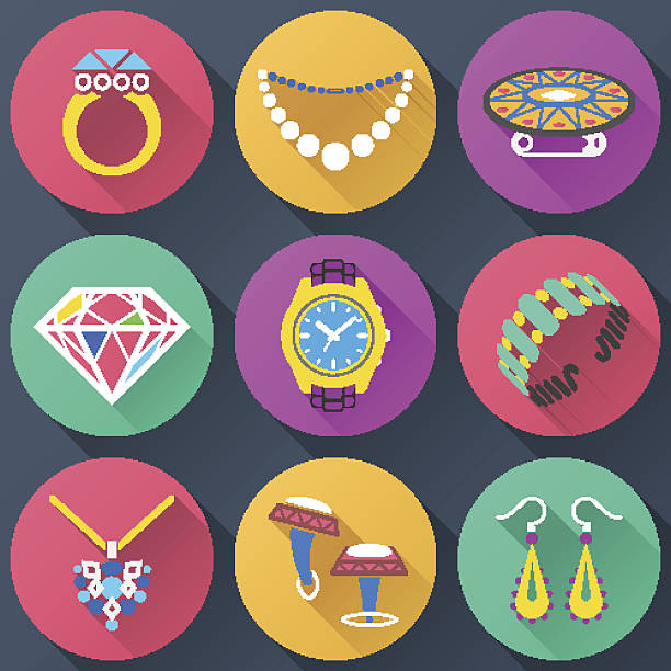 ilustrações, clipart, desenhos animados e ícones de conjunto de ícones de joias plana - brooch diamond sapphire jewelry