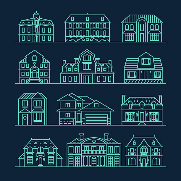 Big set houses icons elements vector linear style Big set of houses icons design elements vector illustration trendy linear style mansion stock illustrations