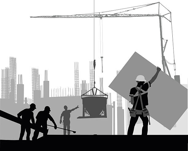 bau arbeiter in aktion - silhouette crane construction construction site stock-grafiken, -clipart, -cartoons und -symbole