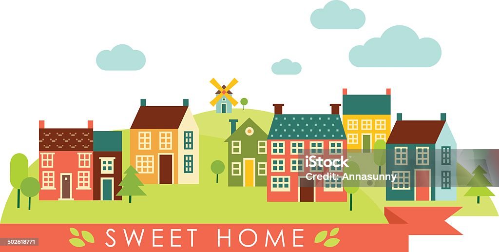 Flat country landscape Panoramic rural landscape with little town City stock vector