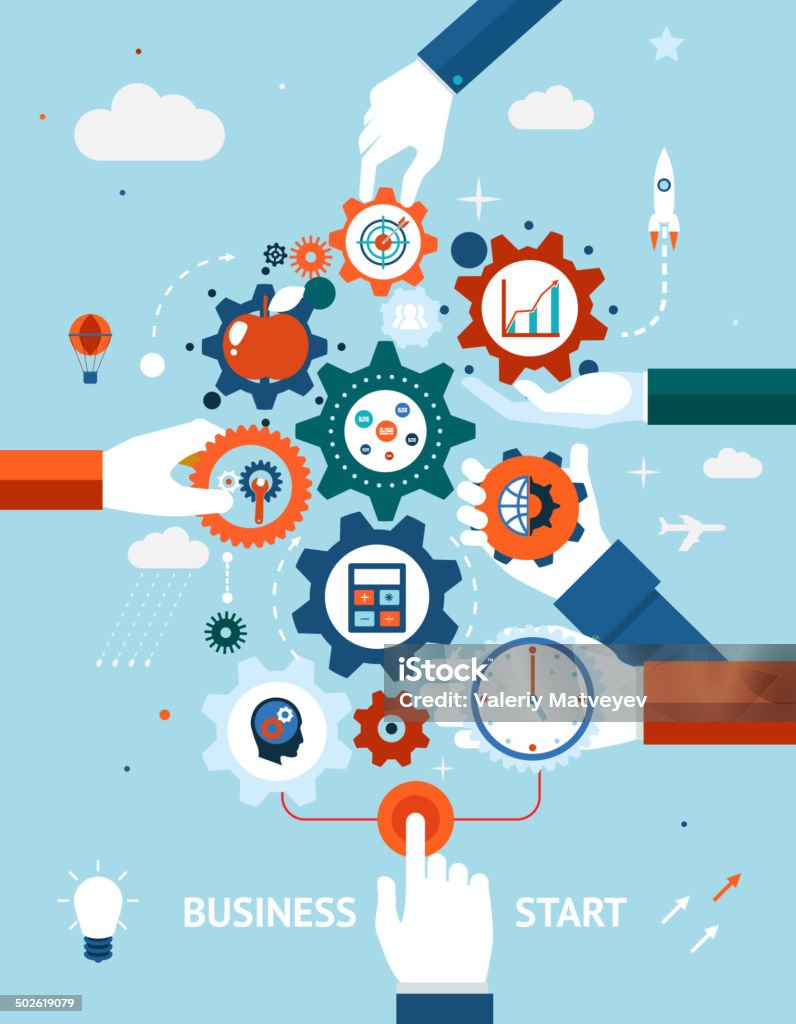 Business and entrepreneurship business start Conceptual vector illustration of a business and entrepreneurship business start or launch with gears and cogs with various icons for industry and business held by hands  one pushing the start button Entrepreneur stock vector