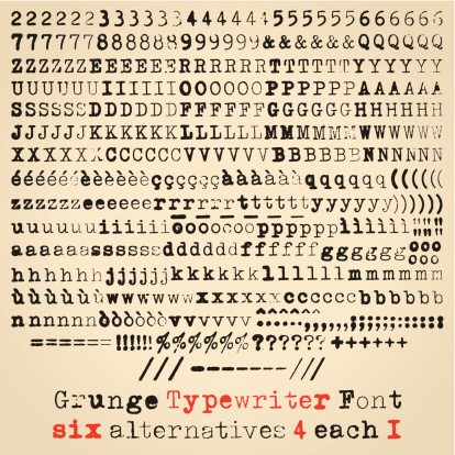 Grunge typewriter font. Six alternatives for each glyph