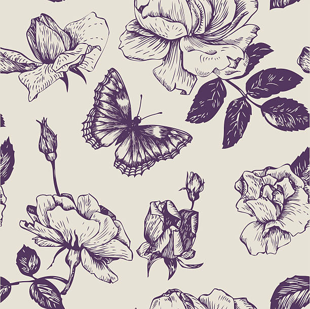 винтаж векторный бесшовный цветочный рисунок - butterfly single flower vector illustration and painting stock illustrations