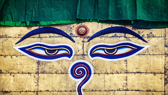 Buddha eyes close up at Swayambhunath stupa in Kathmandu, Nepal