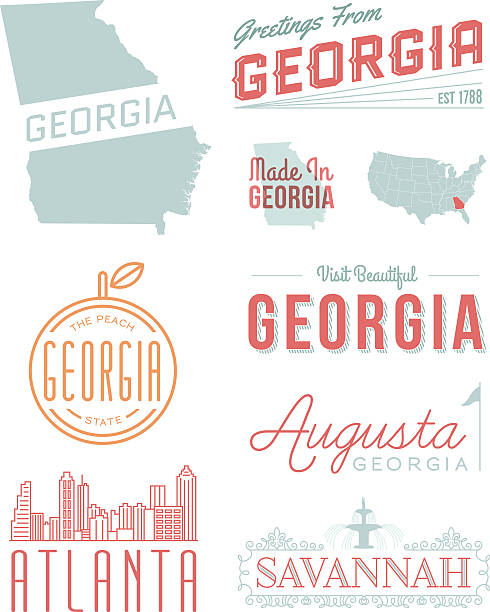 Georgia Typography A set of vintage-style icons and typography representing the state of Georgia, including Atlanta, Savannah and Augusta. Each items is on a separate layer. Includes a layered Photoshop document. Ideal for both print and web elements. georgia stock illustrations