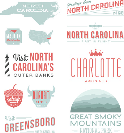 A set of vintage-style icons and typography representing the state of North Carolina, including the Outer Banks, Charlotte, Raleigh, Durham, Greensboro and the Great Smoky Mountains NP. Each items is on a separate layer. Includes a layered Photoshop document. Ideal for both print and web elements.