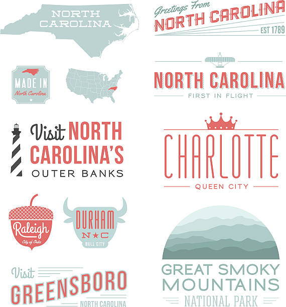 North Carolina Typography A set of vintage-style icons and typography representing the state of North Carolina, including the Outer Banks, Charlotte, Raleigh, Durham, Greensboro and the Great Smoky Mountains NP. Each items is on a separate layer. Includes a layered Photoshop document. Ideal for both print and web elements. cape hatteras stock illustrations
