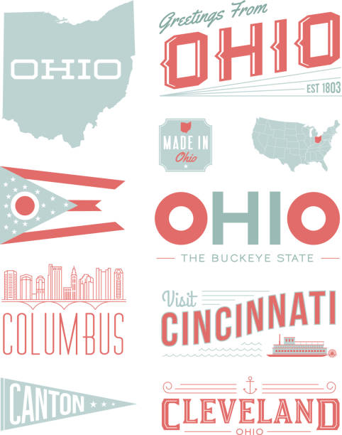 A set of vintage-style icons and typography representing the state of Ohio, including Columbus, Canton, Cincinnati and Cleveland. Each items is on a separate layer. Includes a layered Photoshop document. Ideal for both print and web elements.