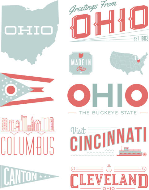 Ohio Typography A set of vintage-style icons and typography representing the state of Ohio, including Columbus, Canton, Cincinnati and Cleveland. Each items is on a separate layer. Includes a layered Photoshop document. Ideal for both print and web elements. columbus ohio sign stock illustrations