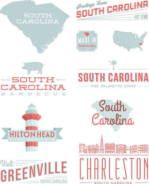 South Carolina Typography A set of vintage-style icons and typography representing the state of South Carolina, including Hilton Head, Greenville and Charleston. Each items is on a separate layer. Includes a layered Photoshop document. Ideal for both print and web elements. hilton head stock illustrations