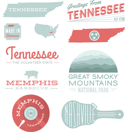 A set of vintage-style icons and typography representing the state of Tennessee, including Memphis, Nashville and Great Smoky Mountains NP. Each items is on a separate layer. Includes a layered Photoshop document. Ideal for both print and web elements.