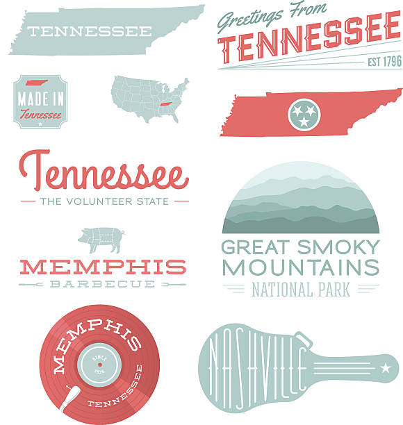 Tennessee Typography A set of vintage-style icons and typography representing the state of Tennessee, including Memphis, Nashville and Great Smoky Mountains NP. Each items is on a separate layer. Includes a layered Photoshop document. Ideal for both print and web elements. guitar borders stock illustrations