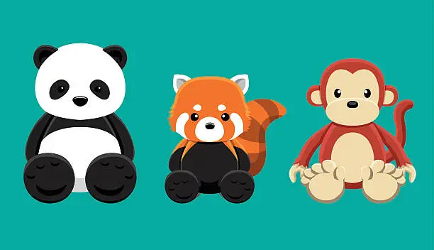 Vector illustration of Panda Red Panda Monkey Doll Set Cartoon Vector Illustration