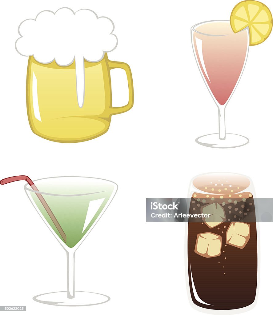 Summertime Drinks Simple flat illustration of colorful and popular summertime drinks - beer, cocktails and coke with ice Alcohol - Drink stock vector