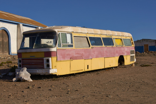 Abandoned bus in the small fishing village of Carrizal Bajo off the coast of the Atacama Desert in Chile