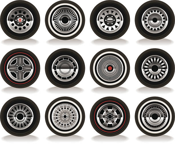 illustrazioni stock, clip art, cartoni animati e icone di tendenza di retrò, ruote - tire hubcap part of vehicle retro revival