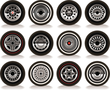 A selection of vintage 1970's and 1980's style hubcaps and rims in vector format.