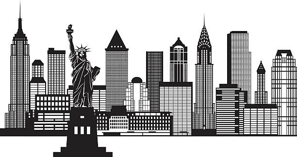 New York City Skyline Black and White Vector Illustration New York City Skyline with Statue of Liberty Black and White Outline Vector Illustration new york skyline drawing stock illustrations