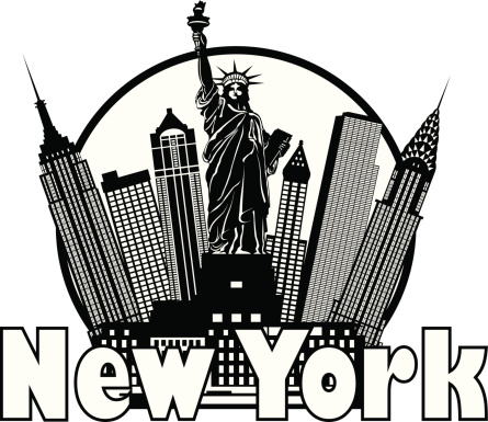New York City Skyline with Statue of Liberty Black and White Circle Outline with Text Vector Illustration