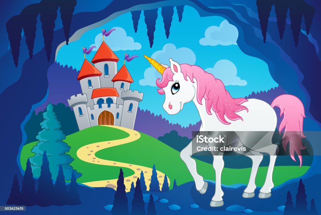 Cute unicorn in fairy tale cave Cute unicorn in fairy tale cave - eps10 vector illustration. Animal stock vector