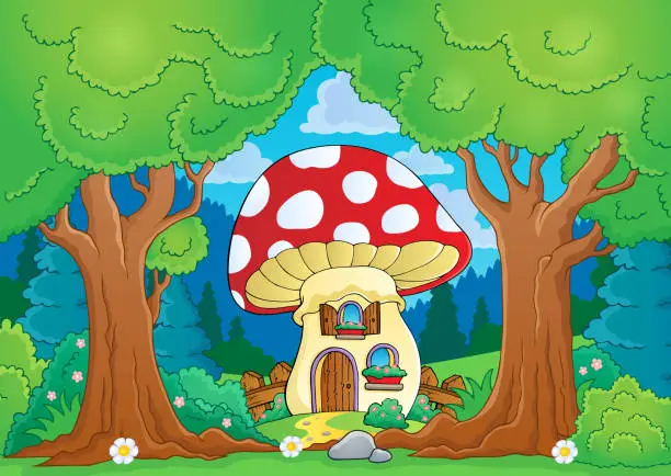 Vector illustration of Tree theme with mushroom house