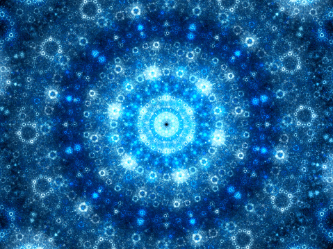 Blue glowing spherical fractal artwork, computer generated abstract background