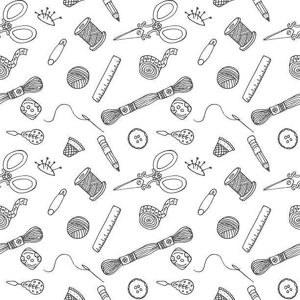 illustrations, cliparts, dessins animés et icônes de couture main motif dessinée illustration - sewing tailor thread sewing kit