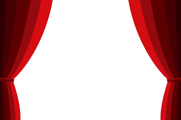 ilustraciones, imágenes clip art, dibujos animados e iconos de stock de abrir la cortina roja sobre un fondo blanco. - teatro