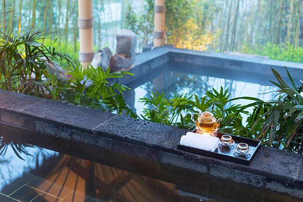 istock tea set on plate near spa pool 502633964