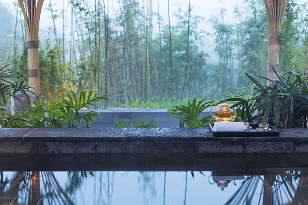 istock tea set on plate near spa pool 502634030