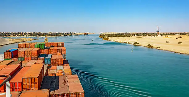 Industrial container ship passing through Suez Canal with ship's convoy, view on the bow from the captain bridge.