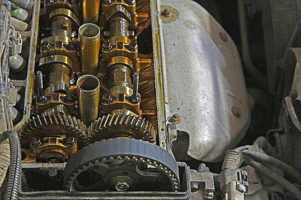 The internals of the engine under the valve cover stock photo