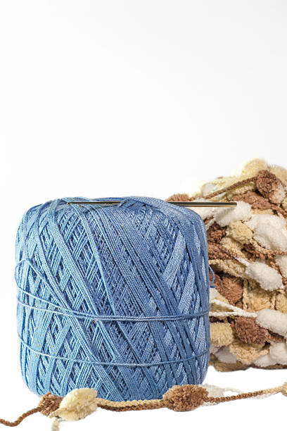 garn blau und braun - cotton ball blue cotton crochet stock-fotos und bilder
