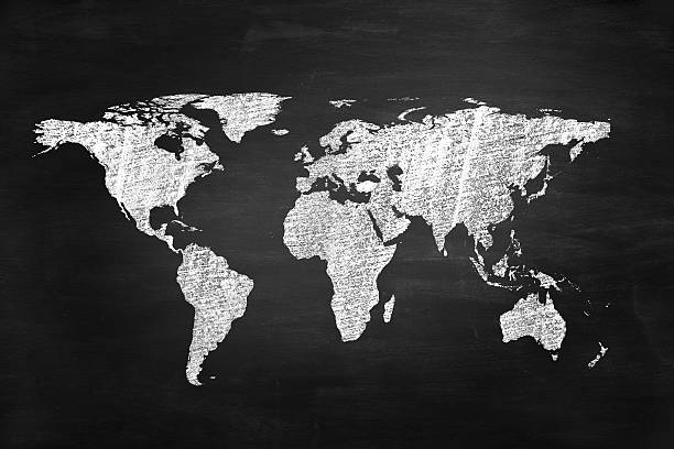 World map drawn with chalk on blackboard stock photo