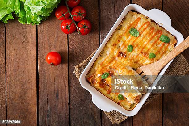 Meat Cannelloni Sauce Bechamel Top View Stock Photo - Download Image Now - Enchilada, 2015, Baking