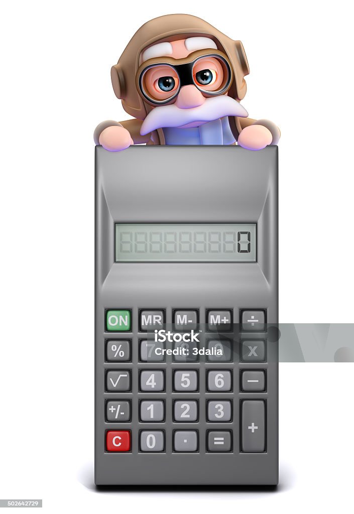 3d Old pilot looks over a calculator 3d render of an old pilot looking over a calculator Aerospace Industry Stock Photo