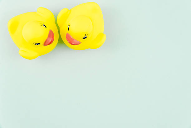 multi-colored rubber ducks in the bathroom arranged in a row