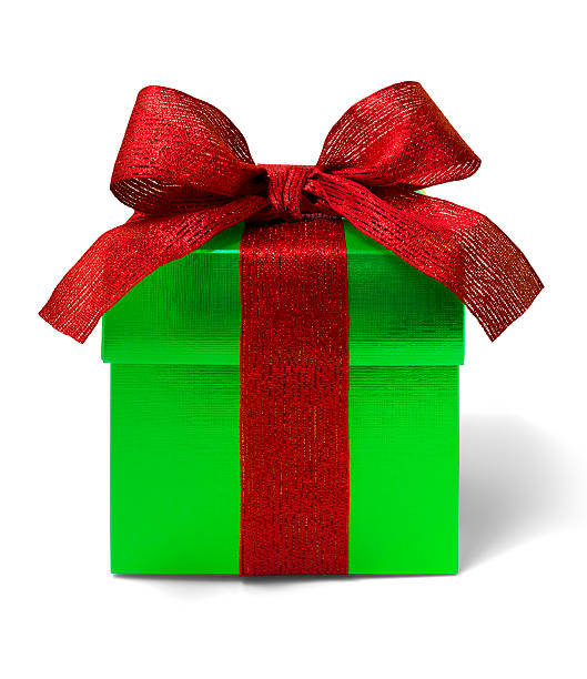 istock Red straw ribbon with green metallic gift box 502643595