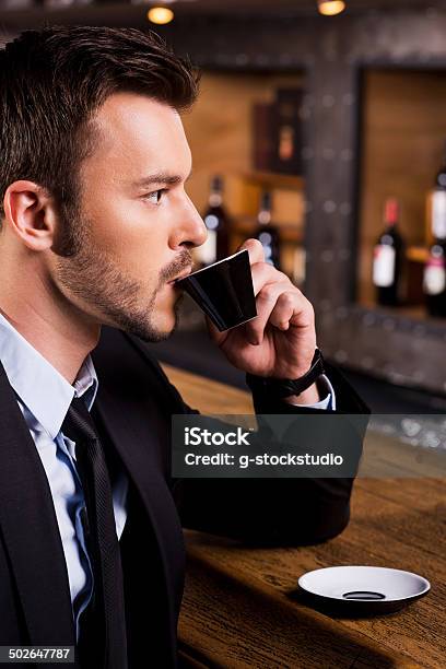 Man Enjoying Fresh Coffee Stock Photo - Download Image Now - Bar Counter, Drinking, Espresso