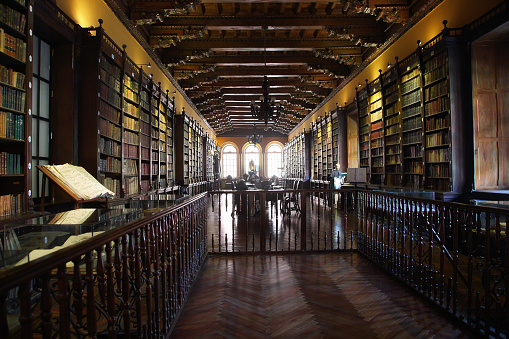 Lima, Peru - April 19, 2015: Library with ancient books of the Santo Domingo convent on April 19, 2015 in Lima, Peru. The convent was built in the sixteenth century
