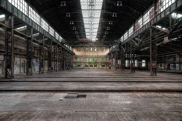 Old locomotive hall for repairs with tracks