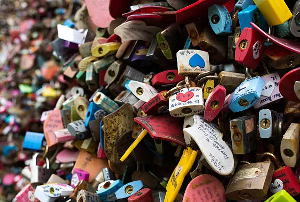 Lovelocks on Namsan Mountain in Seoul South Korea taken in July 2014. These are located just beside N.Seoul Tower and show the hope of young couples of a long lasting relationship. 
