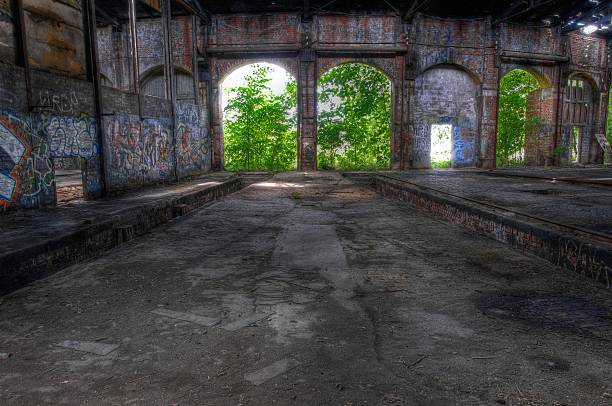 istock Abandoned hall with open doors 502660827