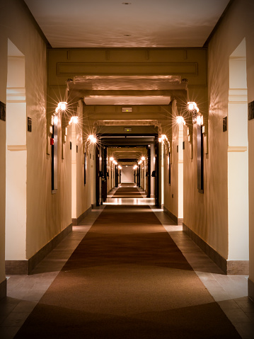 Empty modern hotel corridor in brown tone