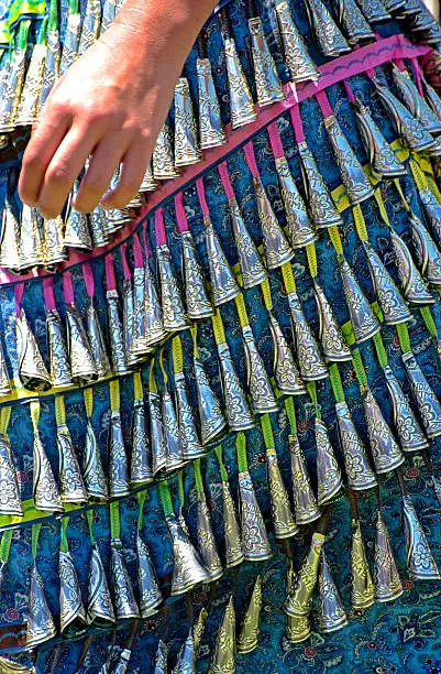 Close-up of the jingle cones on a dress worn by a dancer competing at powwow. The jingles are made from metal snuff can lids, chewing tobacco lids and sometimes old-style canning jar lids. They are rolled then crimped onto a strip of fabric or leather.