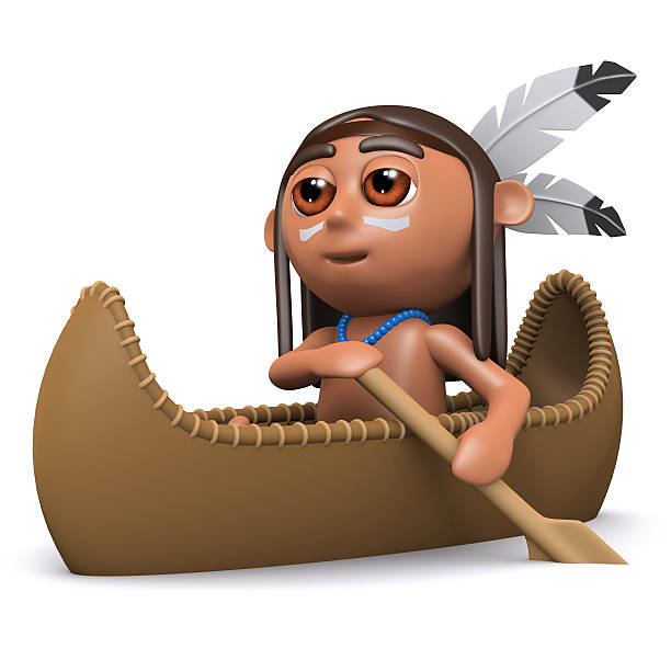 3d render of a Native American Indian boy paddling his kayak