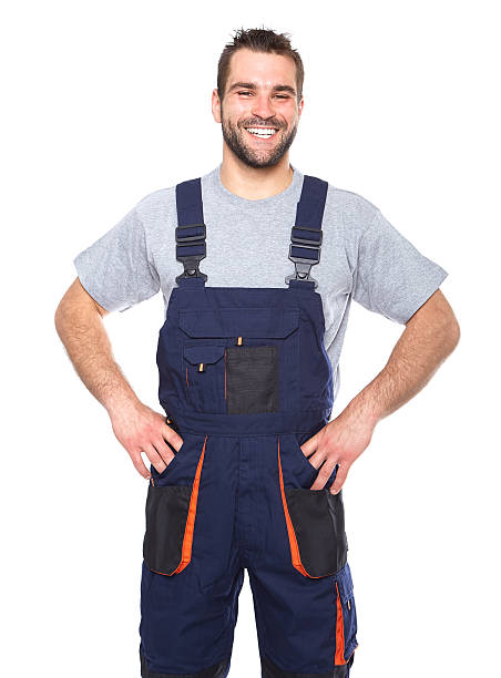 istock Portrait of smiling worker in blue uniform 502662395