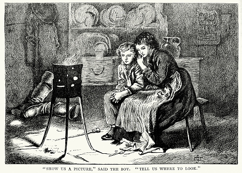 Vintage engraving from the works of Charles Dickens. From Our Mutual Friend. Show us a picture, said the boy. Tell us where to look.