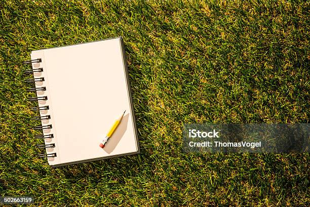 Cuaderno Y Un Lápiz Sobre Hierba Foto de stock y más banco de imágenes de Escribir - Escribir, Verano, Aire libre